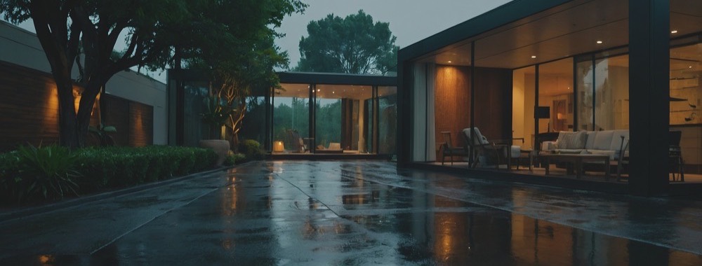 Modern hospitality building lit at dusk