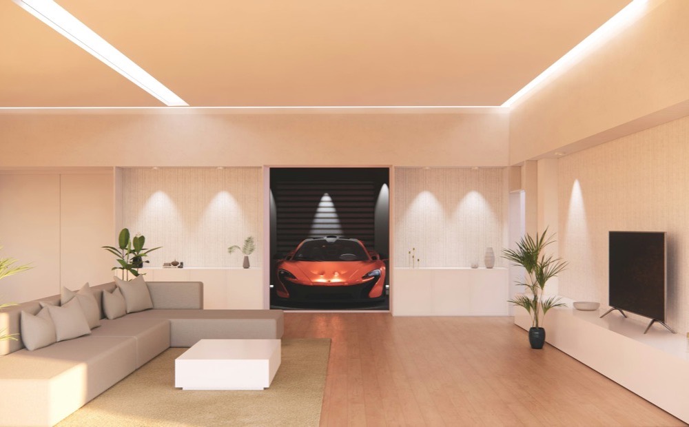 Smart living room with automated cove and accent lighting