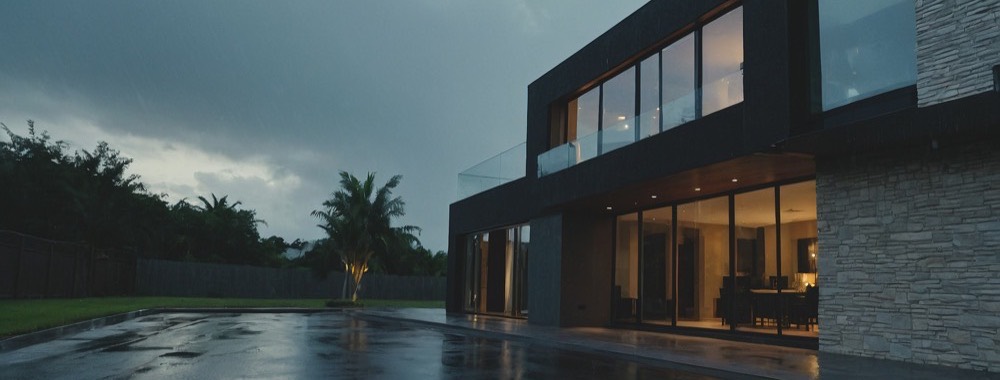 Modern smart home lit at dusk