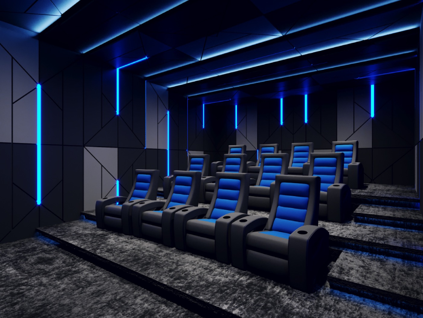Private home cinema with acoustic panels and ambient lighting by Arctic Controls