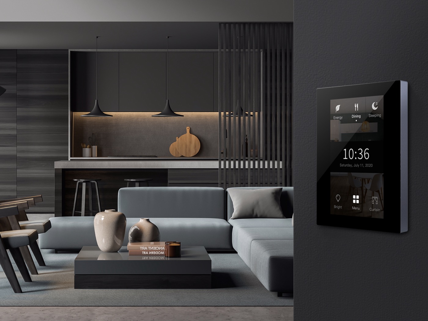 Smart home living room with an Arctic Controls wall control panel